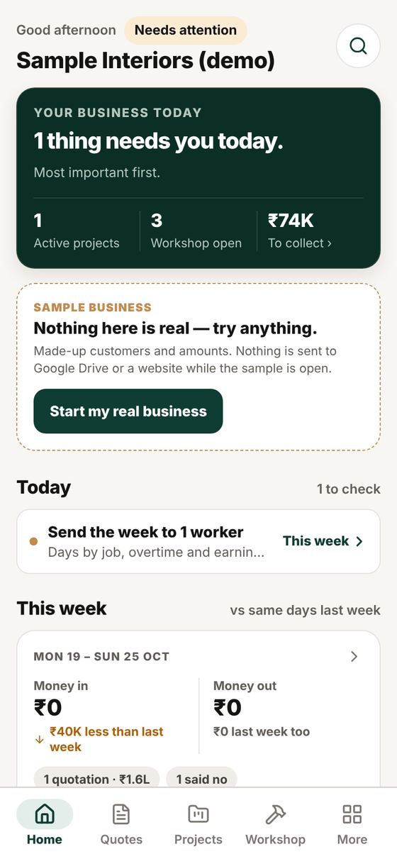 InteriorPro Home screen showing what needs attention today